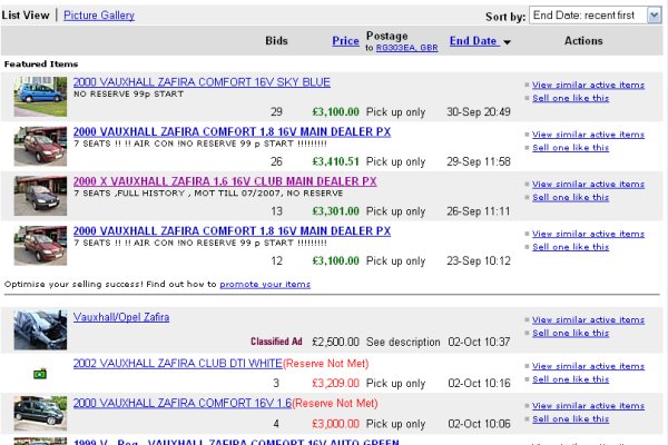 Completed Listings for Vauxhall Zafira's