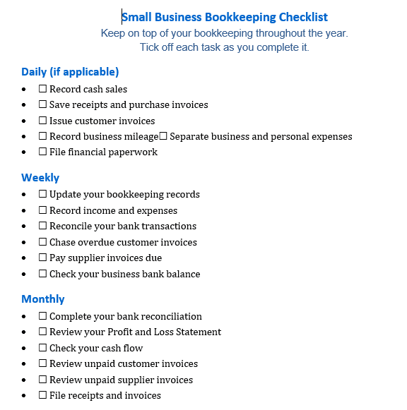 Small business Bookkeeping checklist