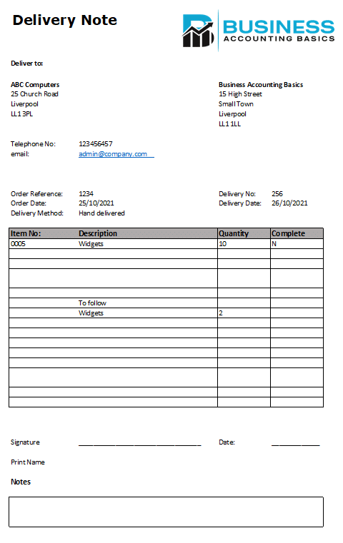 Delivery note template example in Excel