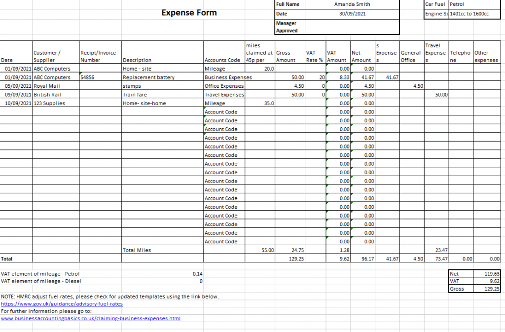 Expenses Spreadsheet UK Example