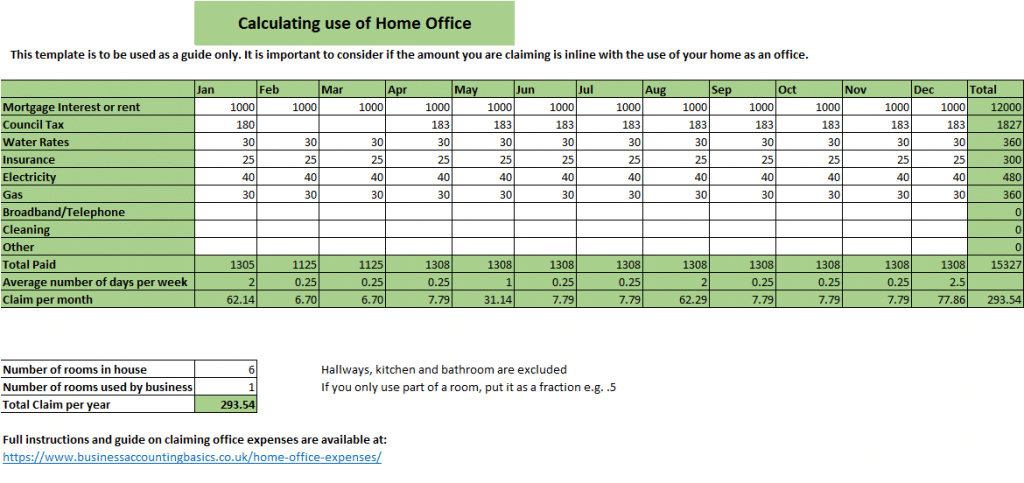 Calculating home office expenses Excel Template