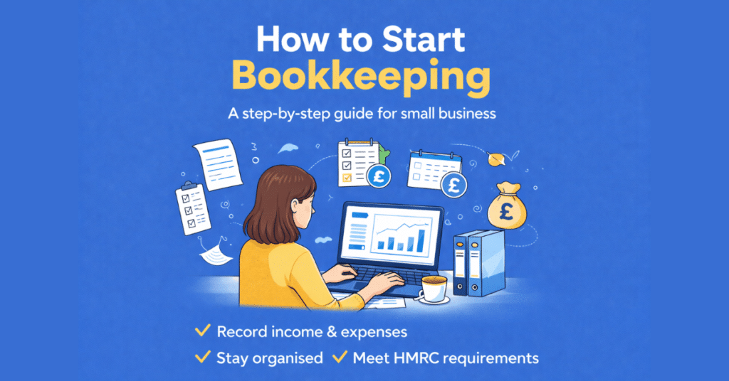 How to start bookkeeping, lady sat at desk with computer and paperwork around her