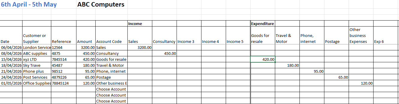 Making tax digital spreadsheet template example month