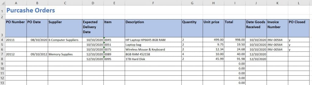 Purchase Order Log Example