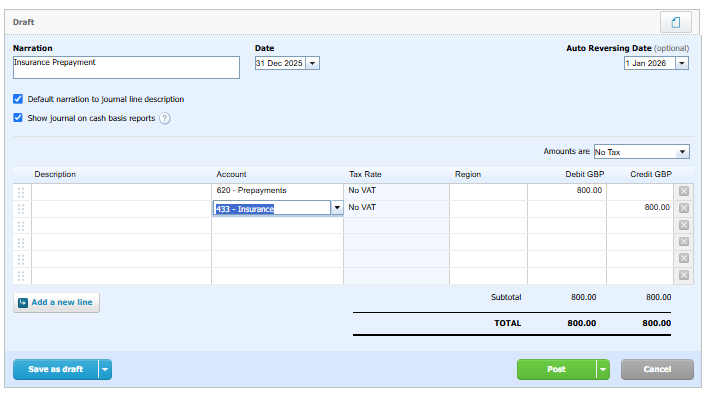 Example prepayment journal in xero