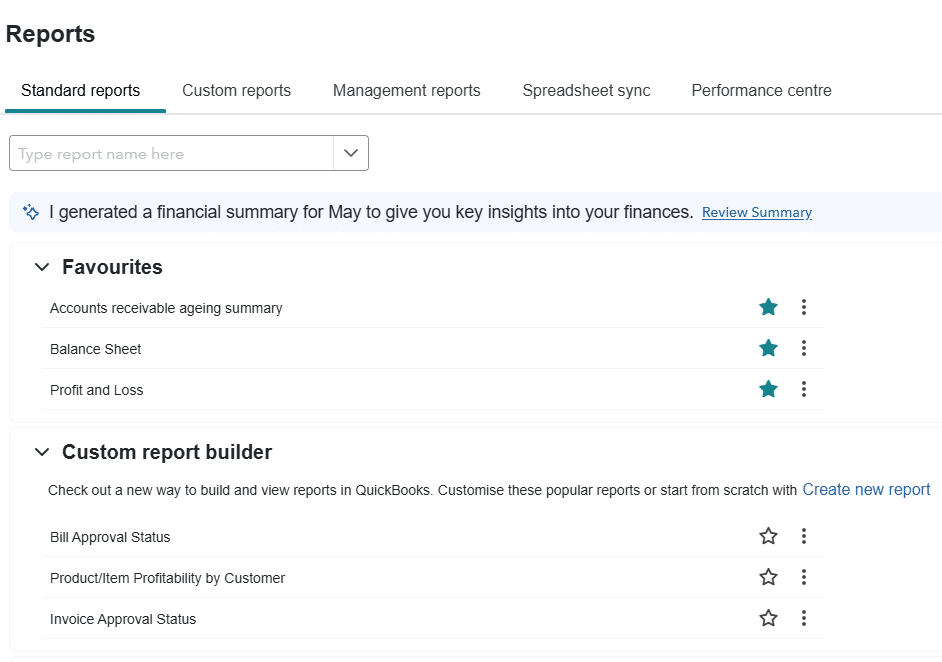 QuickBooks Reports screen